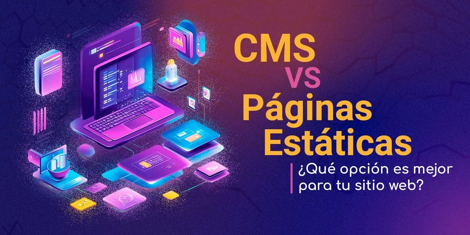Ilustración digital con computadoras y dispositivos flotantes en tonos morados y naranjas.