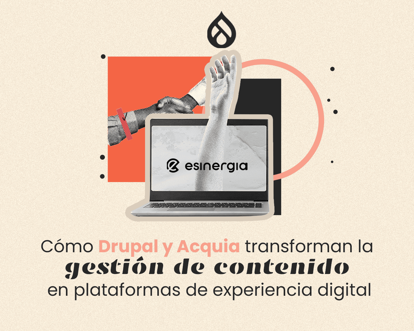 Computadora con logo de ennergia, mano robótica y humana juntas.