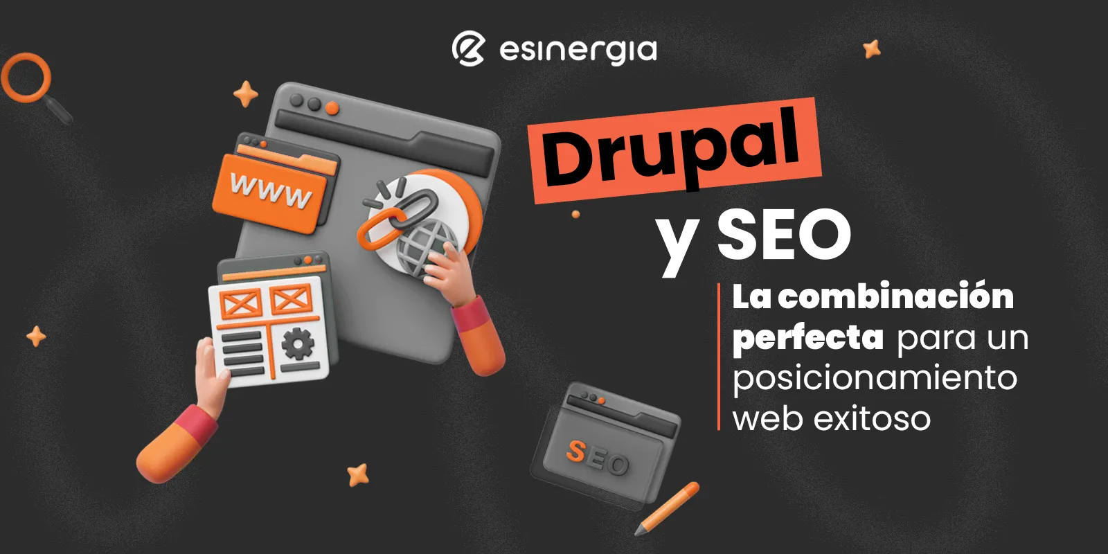 Manos sosteniendo iconos de navegación y gráficos en un diseño web oscuro.
