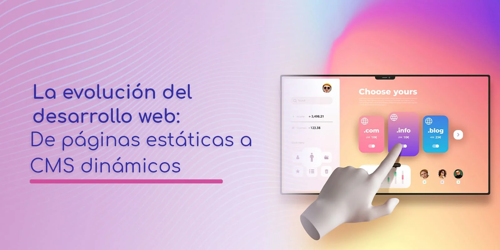 Pantalla táctil con fondo colorido, texto sobre evolución web.
