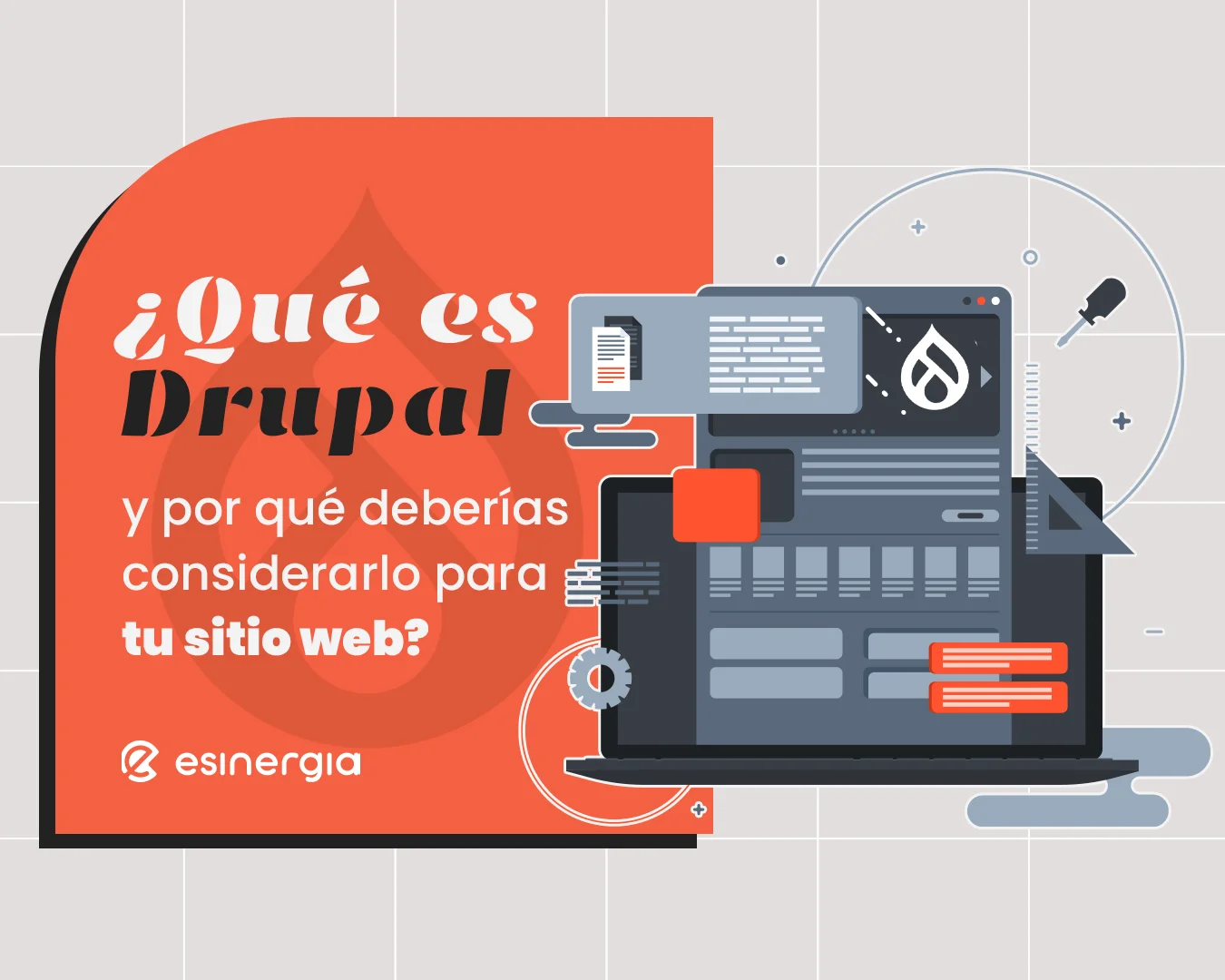 Gráfico con interfaz de Drupal en una pantalla sobre fondo rojo y gris.