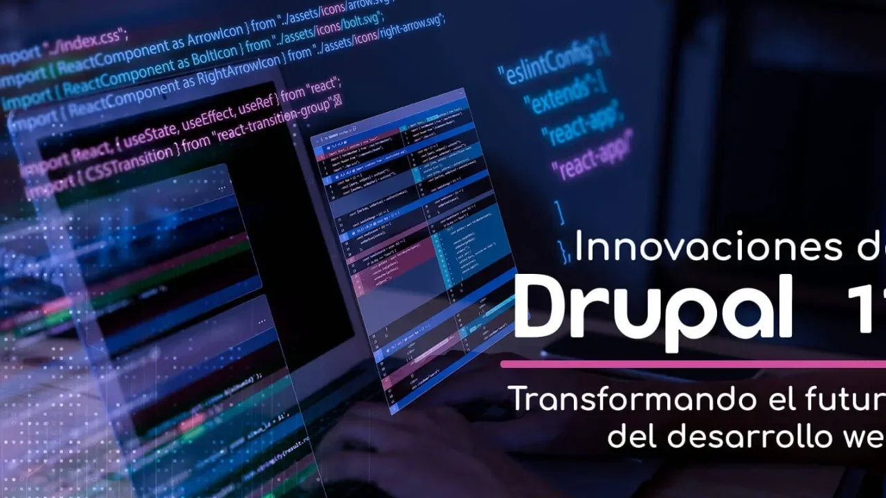 Computadora con código y texto sobre Innovaciones de Drupal 11, fondo oscuro.