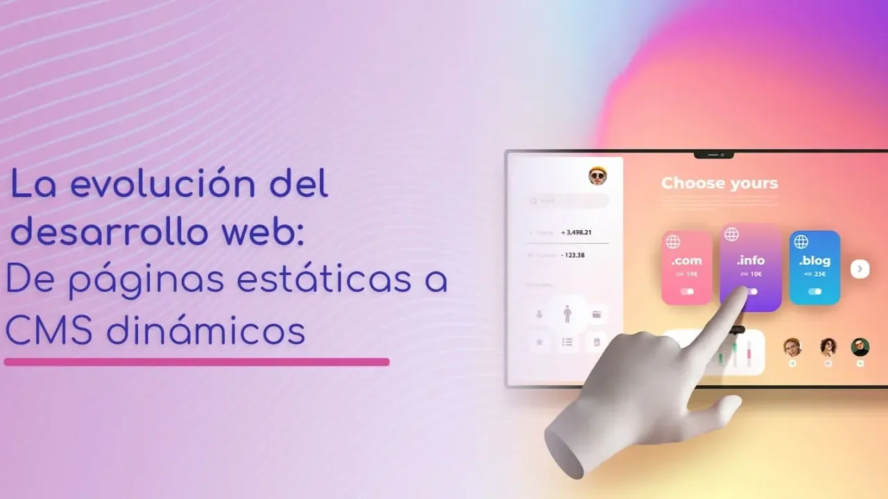 Pantalla táctil con fondo colorido, texto sobre evolución web.